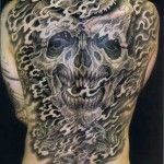 Huge black and white back tattoo by Mike Rubendall