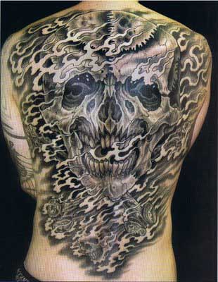 Huge black and white back tattoo by Mike Rubendall tattoo age