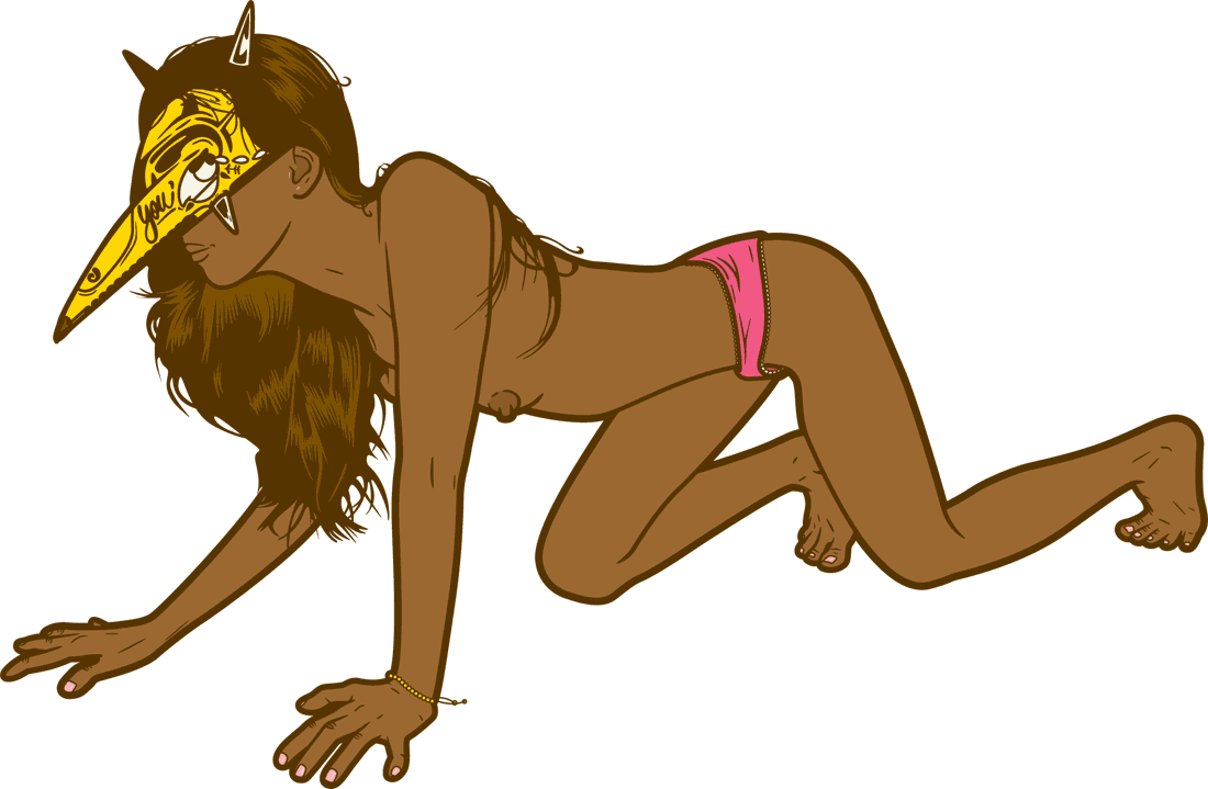 Drawing of a nude girl with a mask