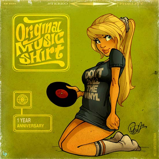 Original Music Shirt artwork with a cute babe on a vinyl-like artwork