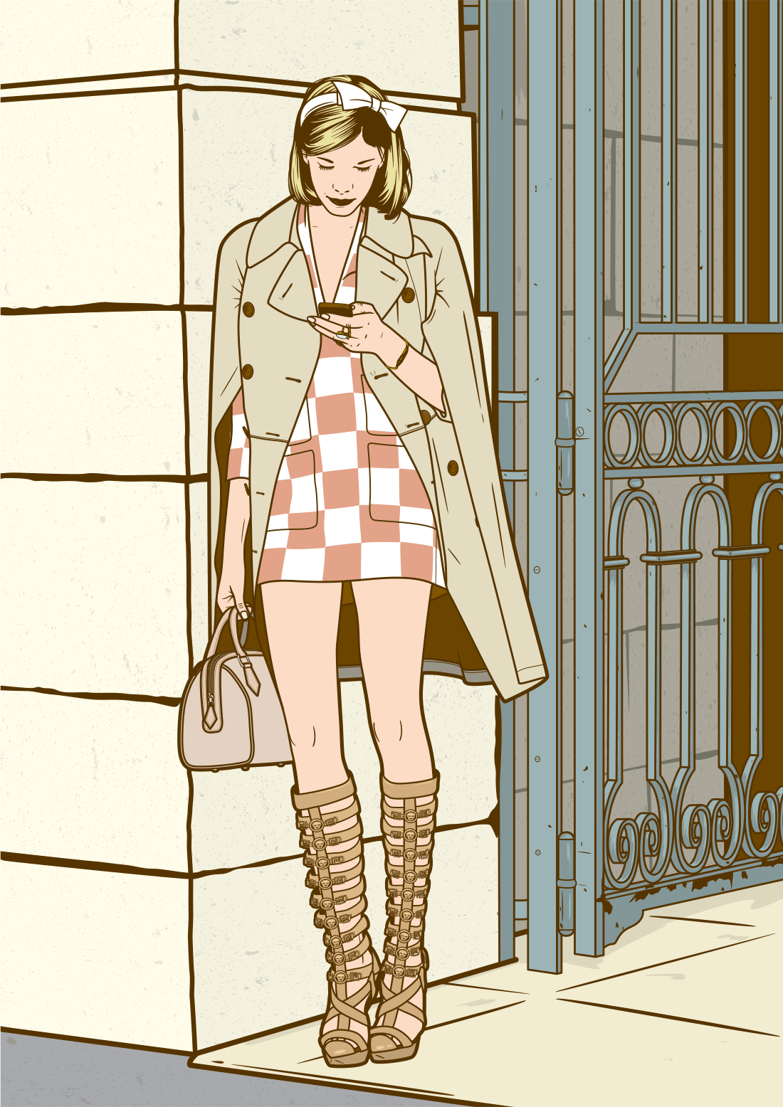 illustration scene of a girl checking her phone in a Parisian street