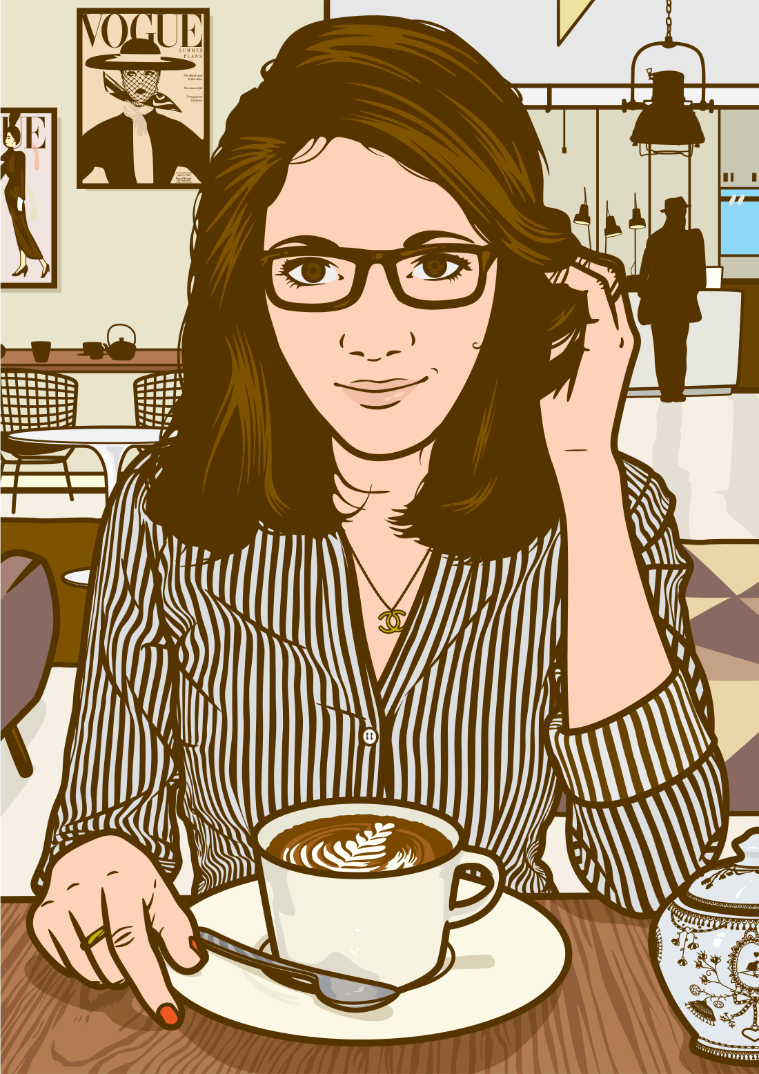 illustration scene of a Paris girl drinking coffee