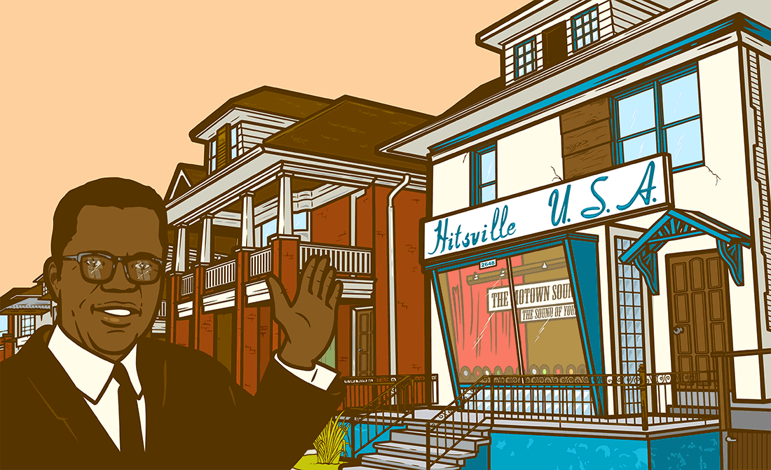 illustration scene of Berry Gordy in front of Motown studios