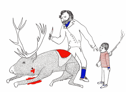 Father with a kid and a dead animal