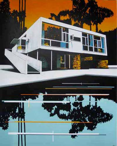Painting of a modern house, typical of Paul Davies' work