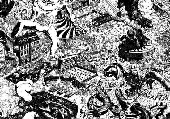 Artwork of a detailed city typical of the artist slick style